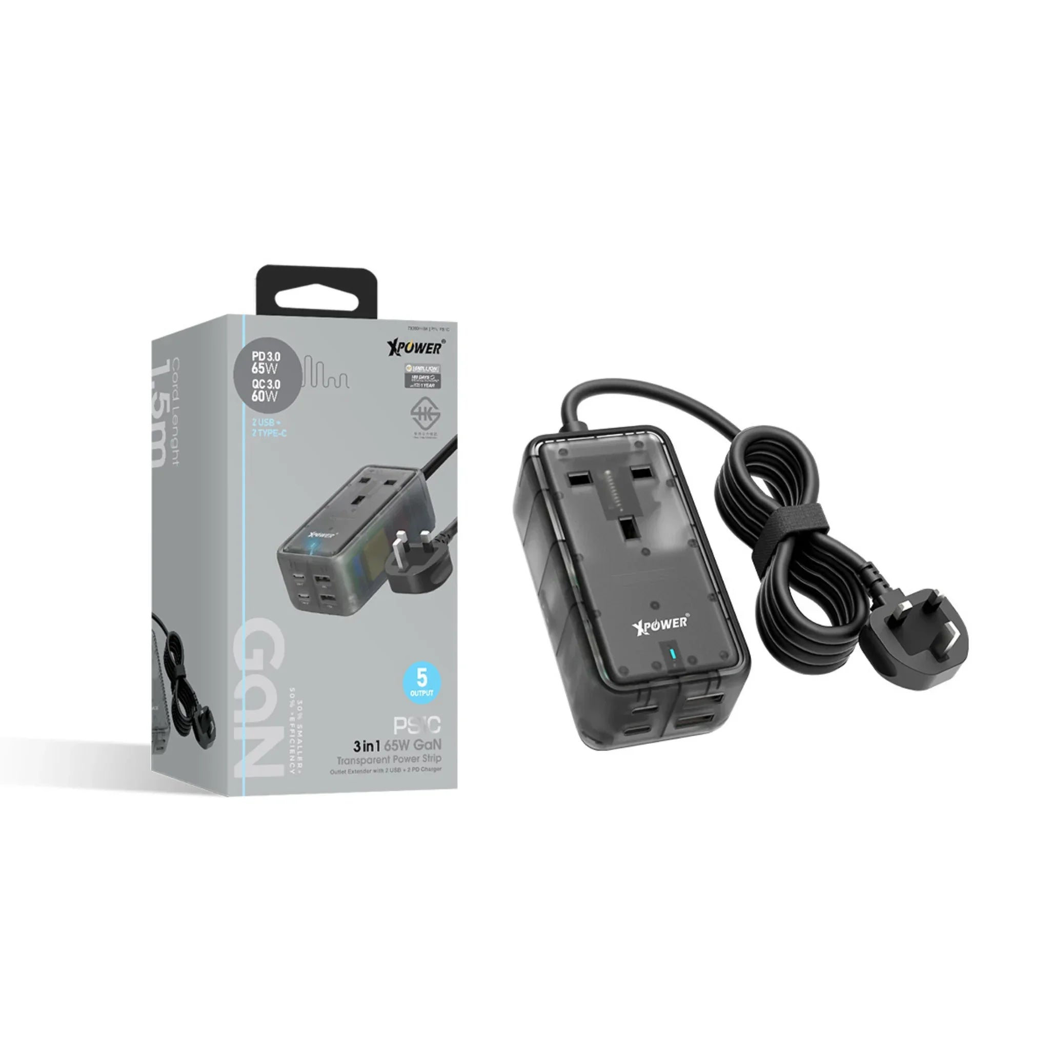 XPower PS1C 65W 5-Output Power Strip - Transparent Black - Tashqila XPower PS1C 65W 5-Output Power Strip - Transparent Black - Tashqila